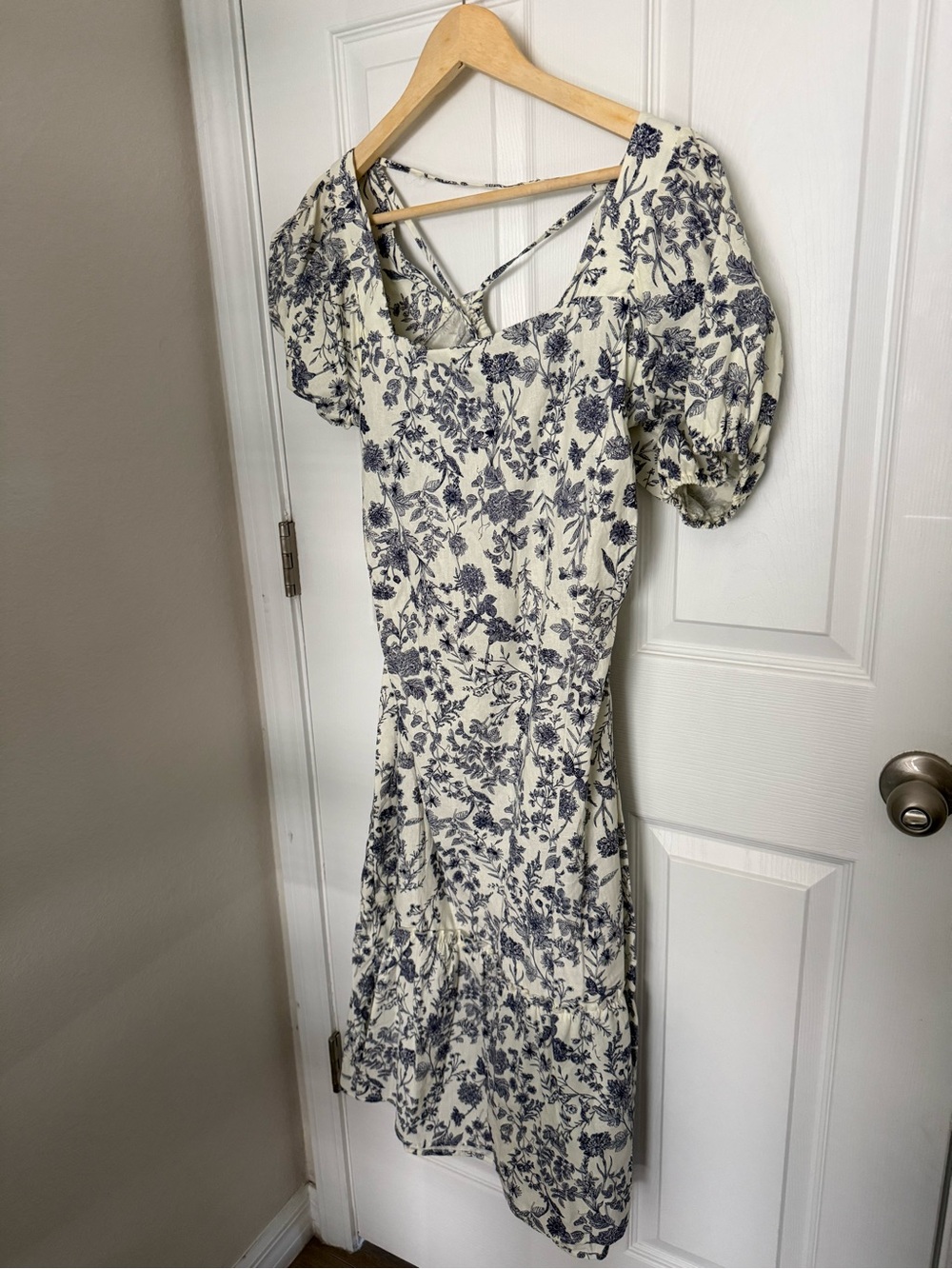 Cream Midi Dress with Navy Floral Print and Puff Sleeves